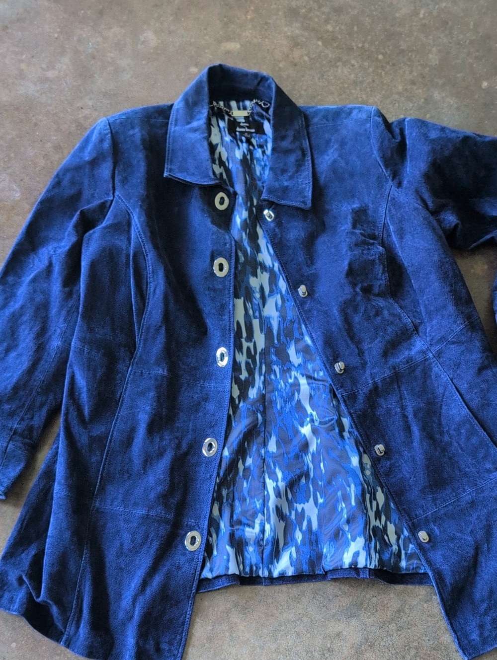 dennis basso Blue Suede Jacket with Patterned Lining